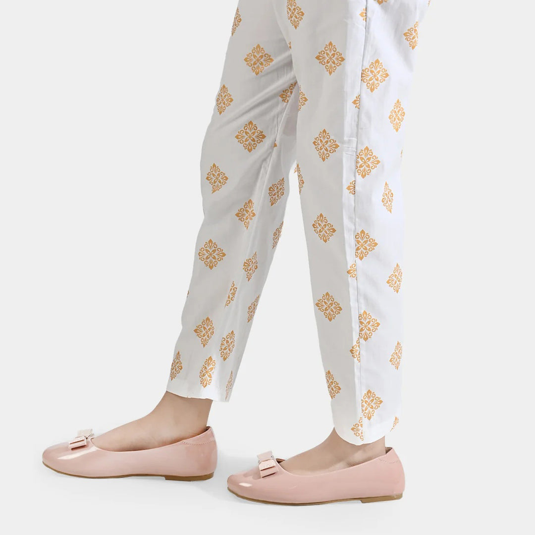 Girls Cotton Printed Pant - White