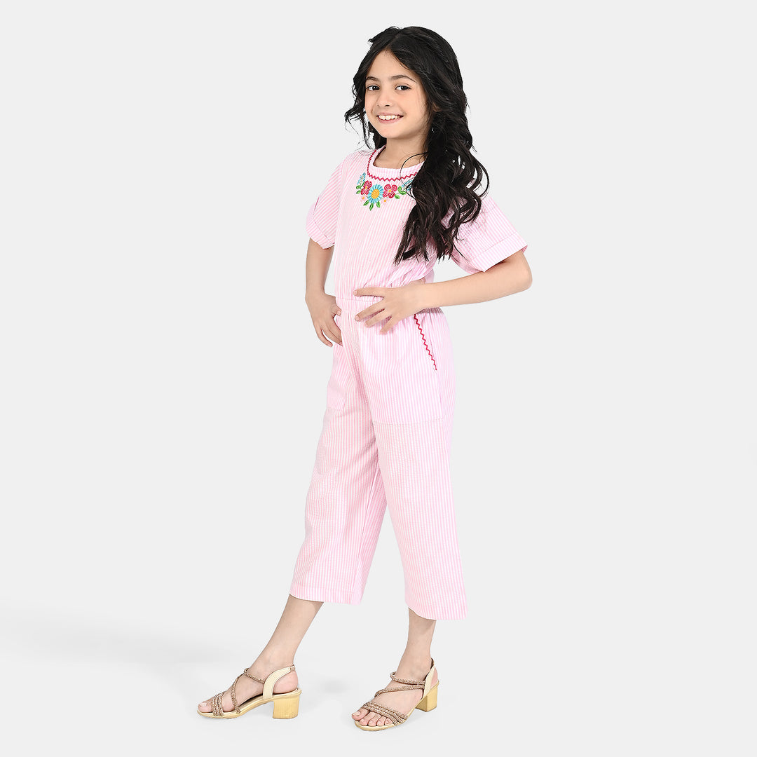 Girls Seersucker Jumpsuit Pink Stripes