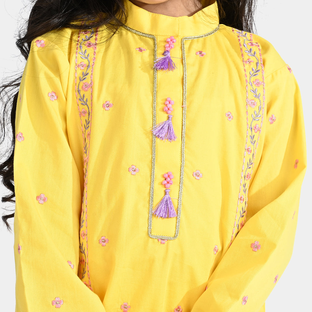 Girls Cotton Poplin Emb 2 Pcs Lime-Yellow