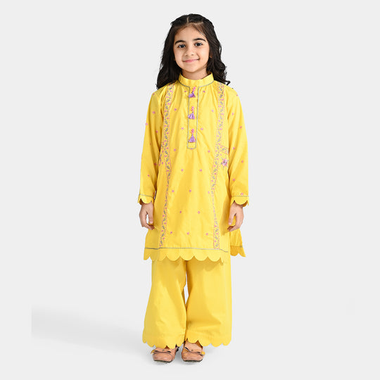 Girls Cotton Poplin Emb 2 Pcs Lime-Yellow