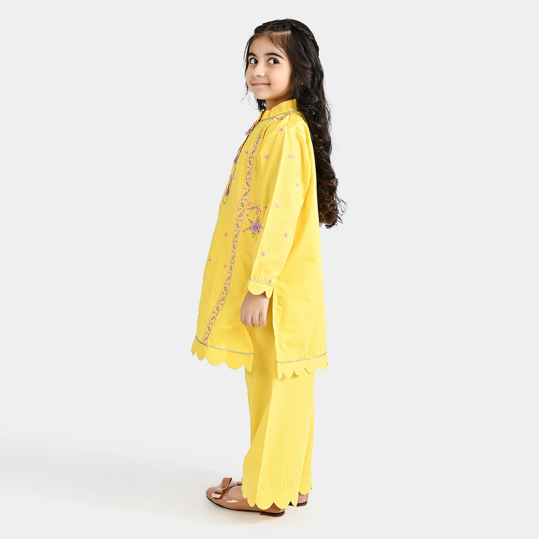 Girls Cotton Poplin Emb 2 Pcs Lime-Yellow