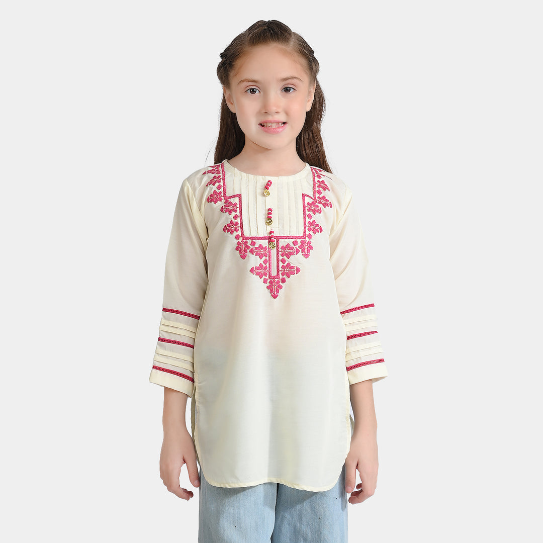 Girls poly cambric Emb Kurti Folk-Cream