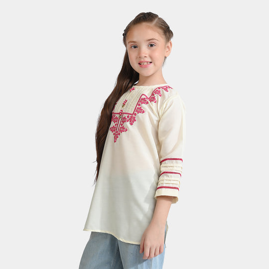 Girls poly cambric Emb Kurti Folk-Cream