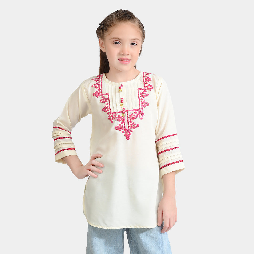 Girls poly cambric Emb Kurti Folk-Cream