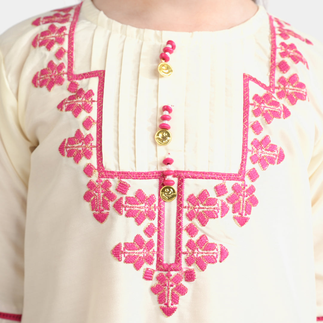 Girls poly cambric Emb Kurti Folk-Cream