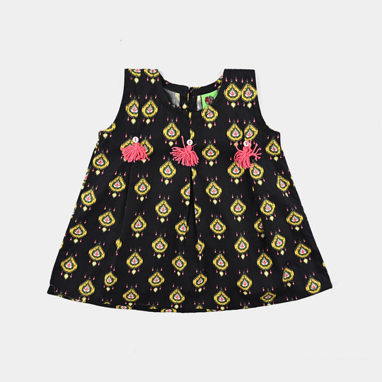 Infant Girls Cotton Poplin Printed Kurti Ikat-BLACK