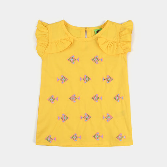 Infant Girls Cotton Poplin Emb Kurti Neon Fish-Yellow