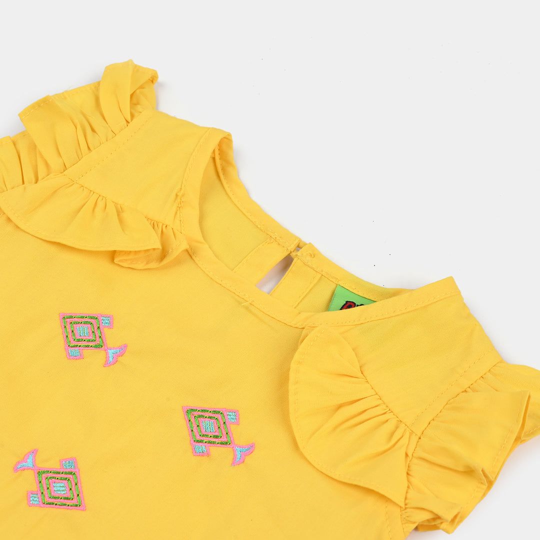 Infant Girls Cotton Poplin Emb Kurti Neon Fish-Yellow