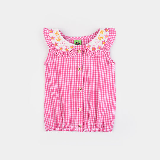 Infant Girls Poly Cotton Emb Top Butterfly Flowers-Pink