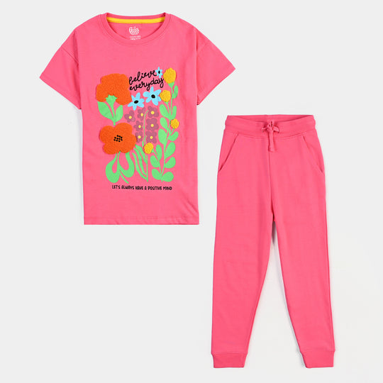 Girls Jersey/Terry 2 Piece Suit Believe Everyday-Hot Pink