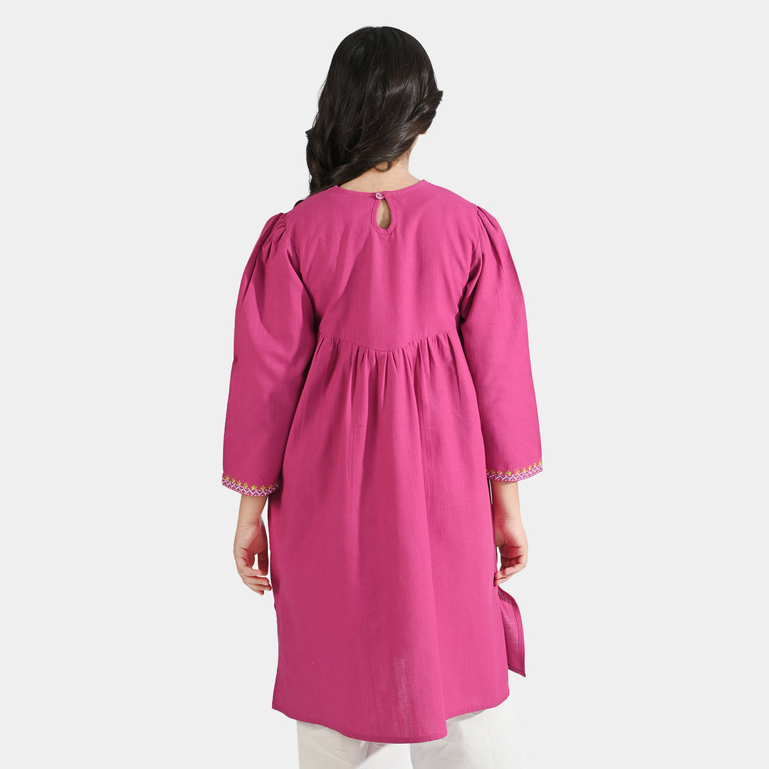 Girls Cotton Slub EMB Long Kurti Gul Rang-Pink