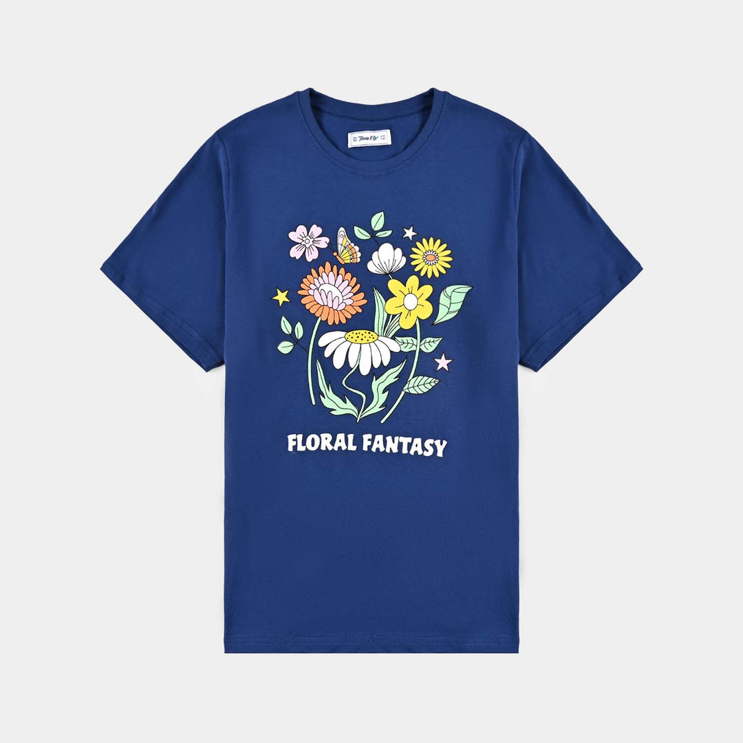 Teens Girls Jersey/Terry T-Shirt-Floral-Navy Blue