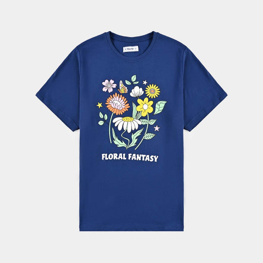 Teens Girls Jersey/Terry T-Shirt-Floral-Navy Blue