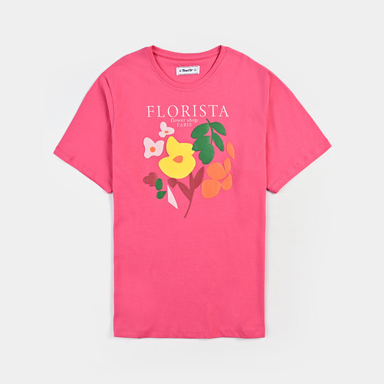 Teens Girls Jersey/Terry T-Shirt-Florista-Hot.Pink