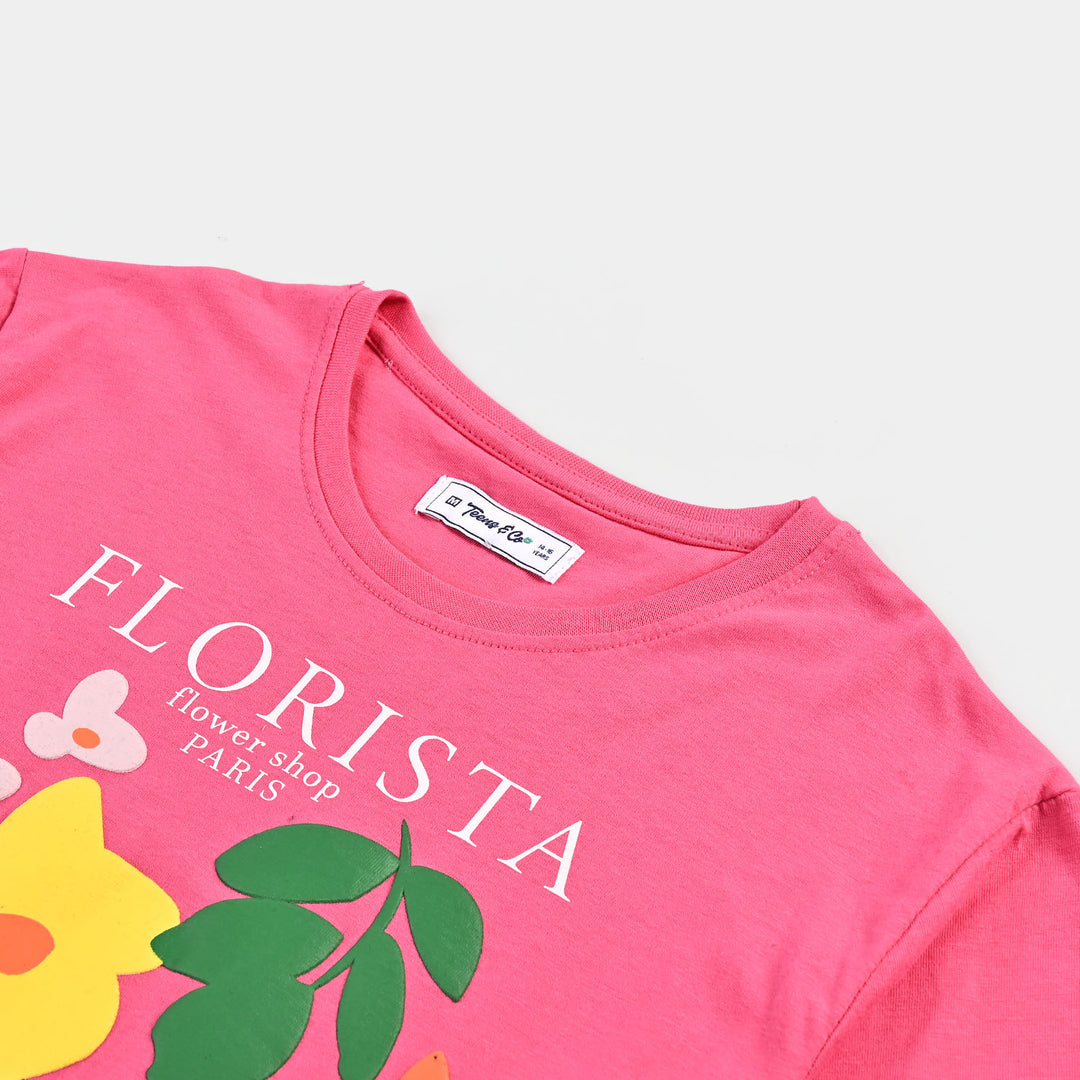 Teens Girls Jersey/Terry T-Shirt-Florista-Hot.Pink