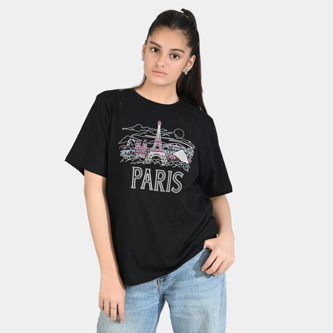 Teen Girls Cotton Jersey Tee-Paris-BLACK