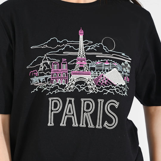 Teen Girls Cotton Jersey Tee-Paris-BLACK