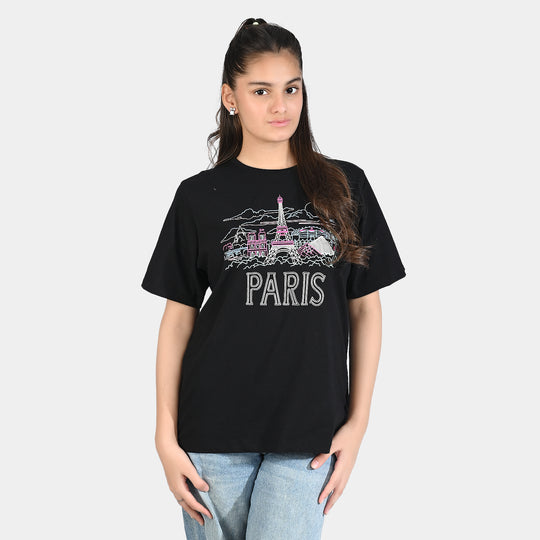 Teen Girls Cotton Jersey Tee-Paris-BLACK