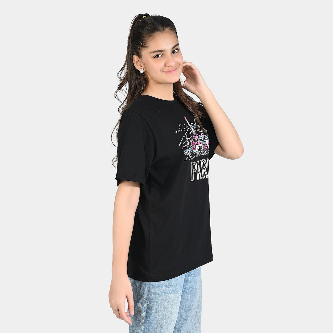 Teen Girls Cotton Jersey Tee-Paris-BLACK