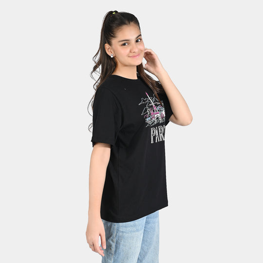 Teen Girls Cotton Jersey Tee-Paris-BLACK