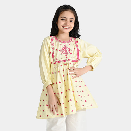 Girls Cotton Emb Kurti Phulkari-Cream