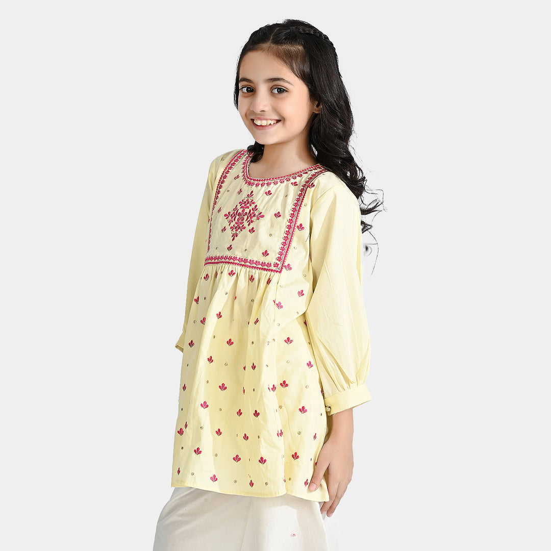 Girls Cotton Emb Kurti Phulkari-Cream