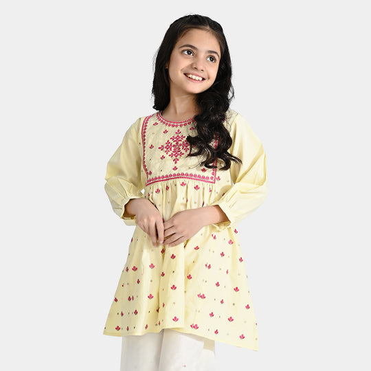 Girls Cotton Emb Kurti Phulkari-Cream