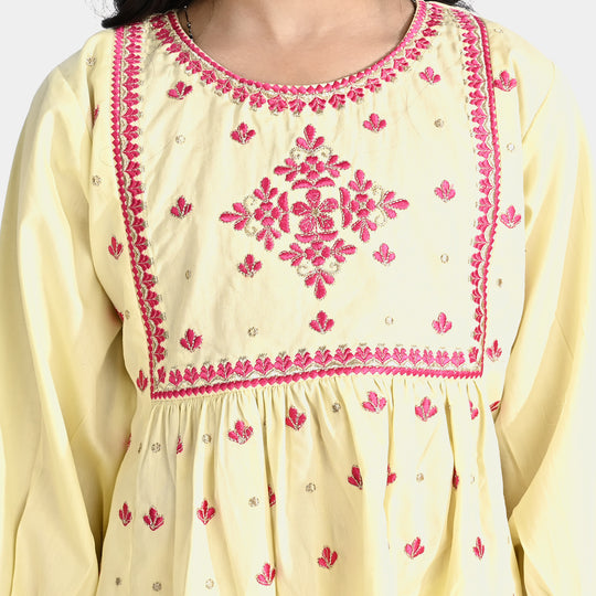 Girls Cotton Emb Kurti Phulkari-Cream