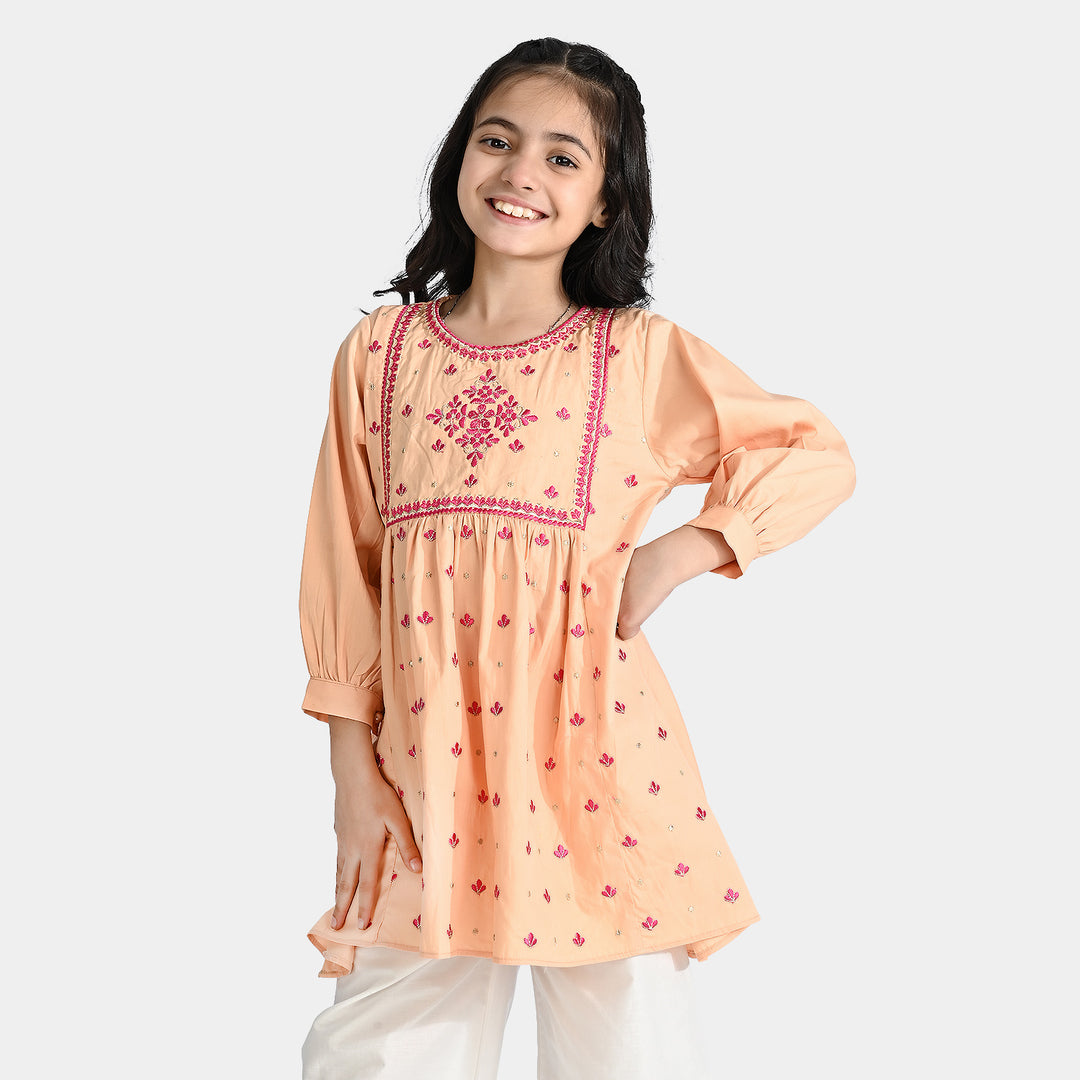 Girls Cotton Emb Kurti Phulkari-Peach