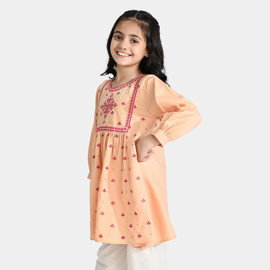 Girls Cotton Emb Kurti Phulkari-Peach