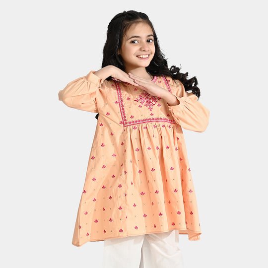 Girls Cotton Emb Kurti Phulkari-Peach