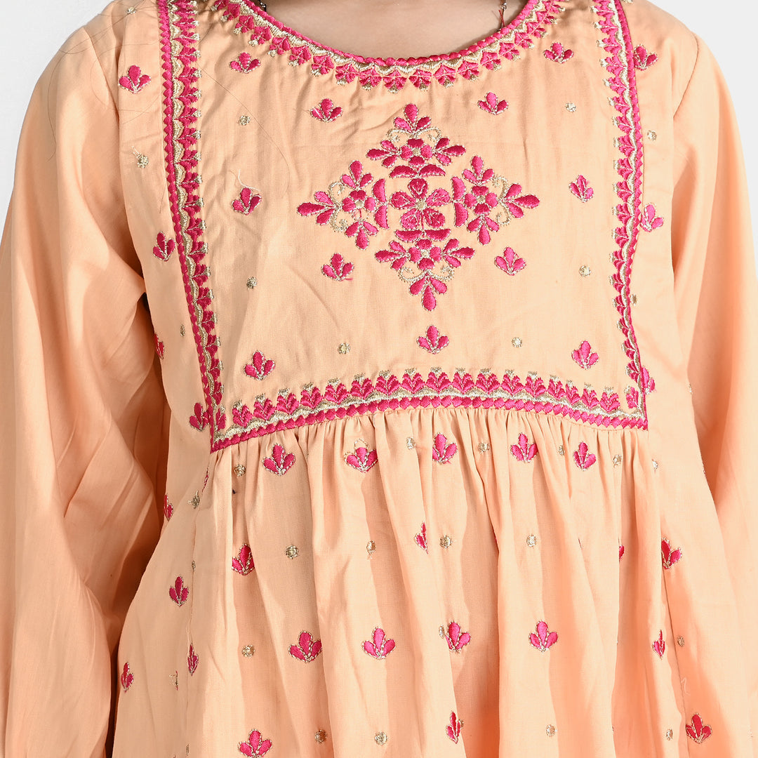 Girls Cotton Emb Kurti Phulkari-Peach