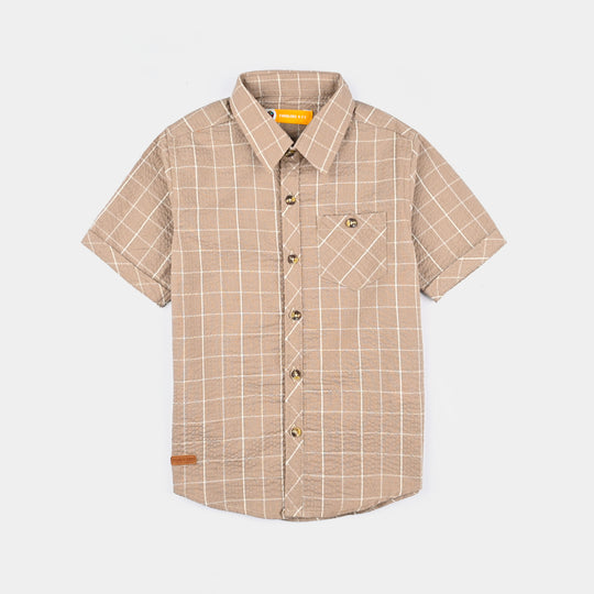 Boys Yarn Dyed Casual Shirt H/S (Tropical)-BEIGE