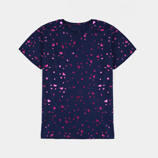 Girls Lycra Jersey T-Shirt H/S Pink Heart-NAVY