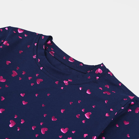 Girls Lycra Jersey T-Shirt H/S Pink Heart-NAVY