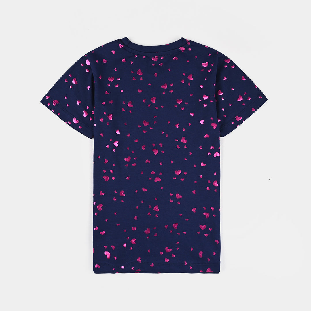 Girls Lycra Jersey T-Shirt H/S Pink Heart-NAVY