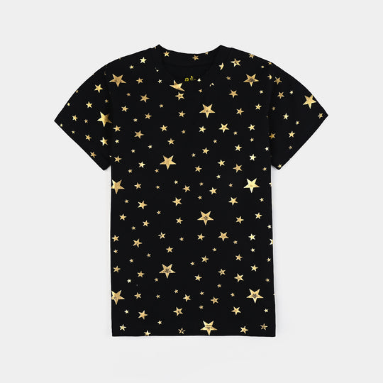 Girls Lycra Jersey T-Shirt H/S Golden Star-BLACK