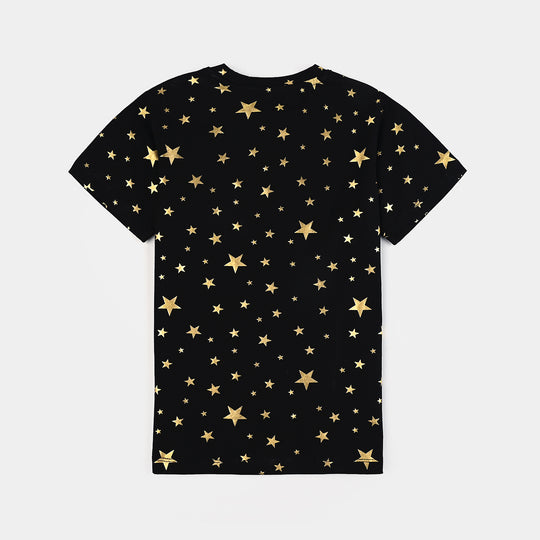 Girls Lycra Jersey T-Shirt H/S Golden Star-BLACK