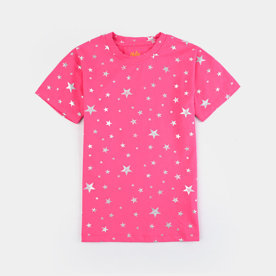 Girls Lycra Jersey T-Shirt H/S Silver Star-Pink