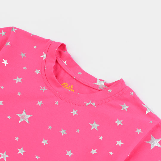 Girls Lycra Jersey T-Shirt H/S Silver Star-Pink