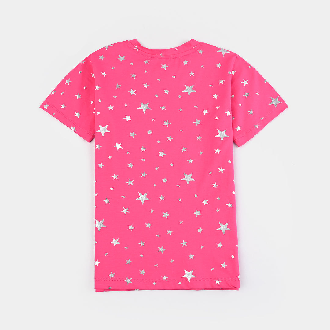 Girls Lycra Jersey T-Shirt H/S Silver Star-Pink