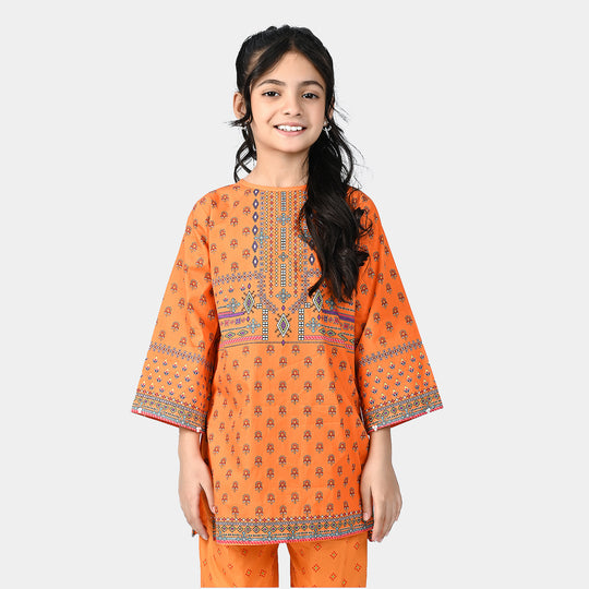 Girls Cotton Poplin Printed Kurti Narangi Phol-ORANGE