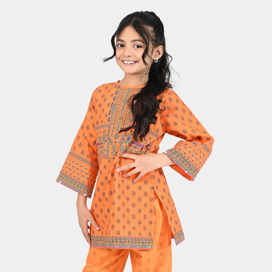 Girls Cotton Poplin Printed Kurti Narangi Phol-ORANGE