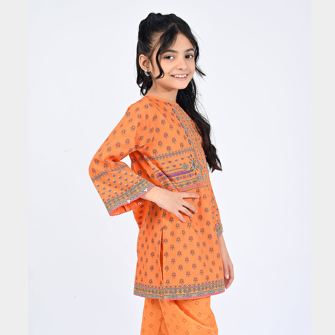 Girls Cotton Poplin Printed Kurti Narangi Phol-ORANGE