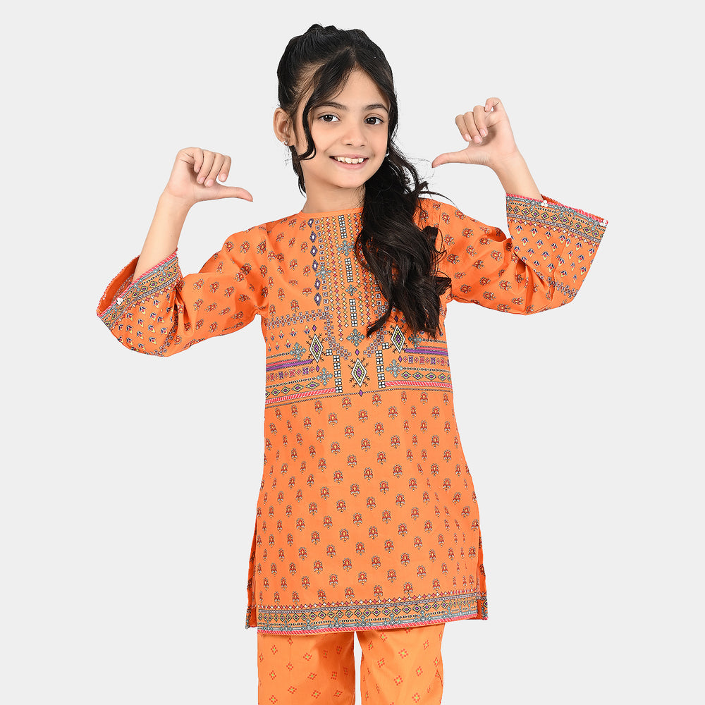 Girls Cotton Poplin Printed Kurti Narangi Phol-ORANGE