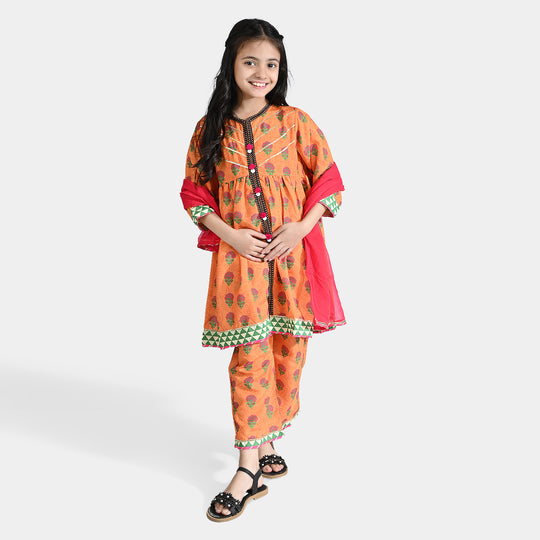 Girls poly cambric 3Pcs Suit Narangi-ORANGE