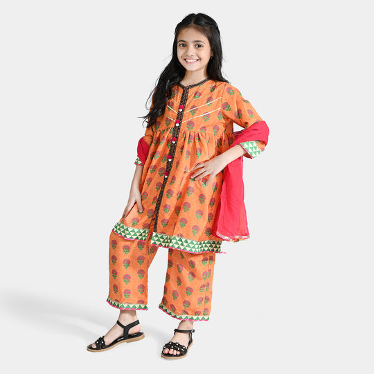 Girls poly cambric 3Pcs Suit Narangi-ORANGE