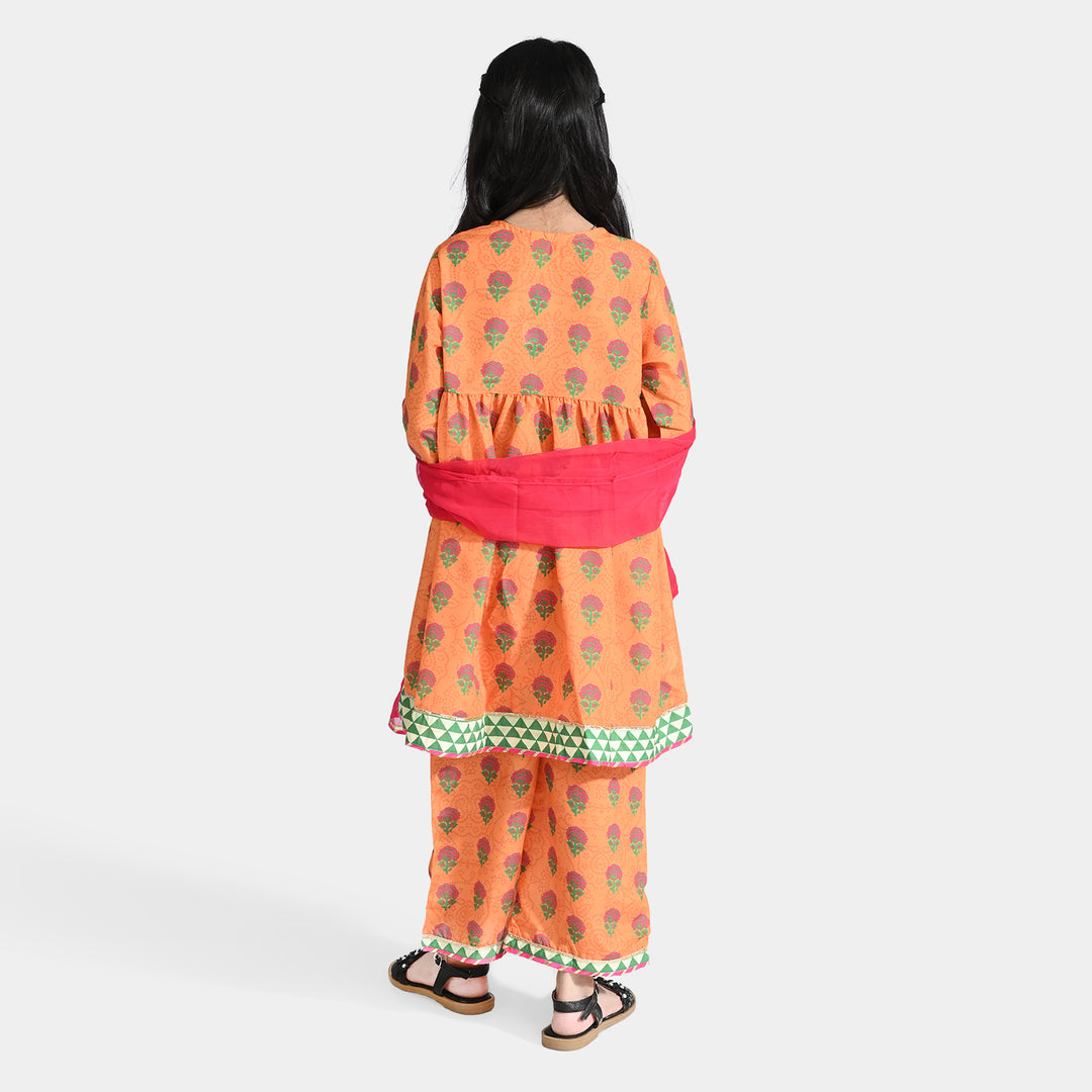 Girls poly cambric 3Pcs Suit Narangi-ORANGE