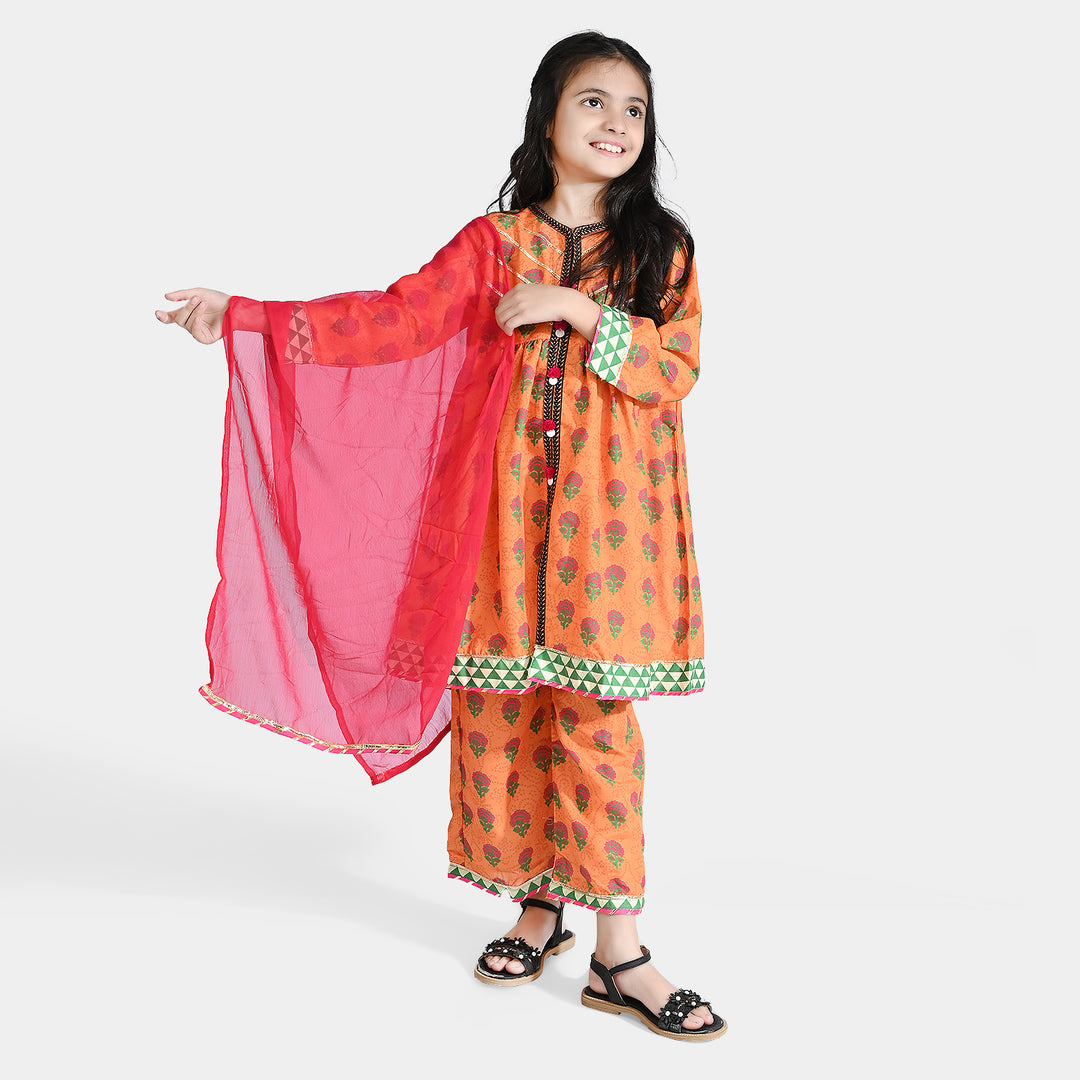 Girls poly cambric 3Pcs Suit Narangi-ORANGE