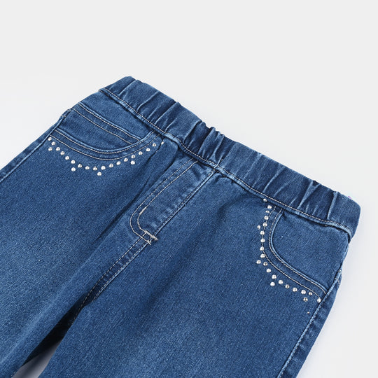 Girls Denim Stretch Jeggings Studs-Mid Blue